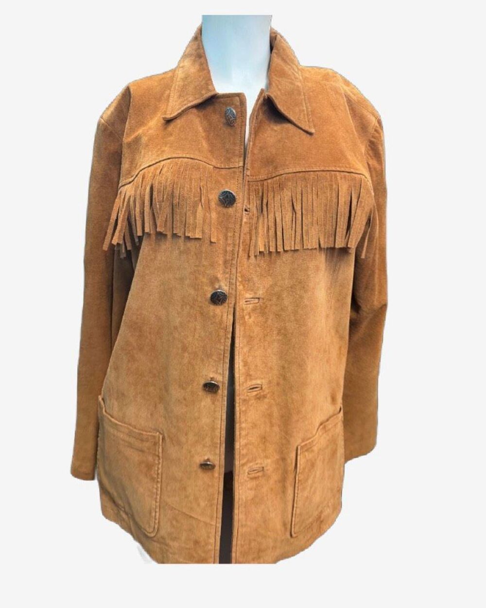 Chicos Tan Leather Fringe Jacket Women’s Size Large or Chicos Size 2